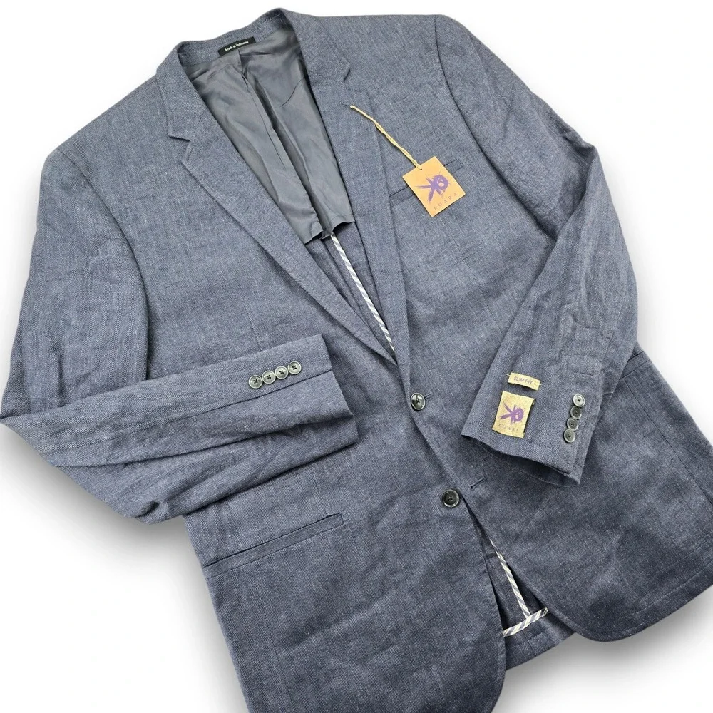 Egara Mens Sport Coat 46 Long Blue Linen Blend Herringbone Slim Fit Blazer $299